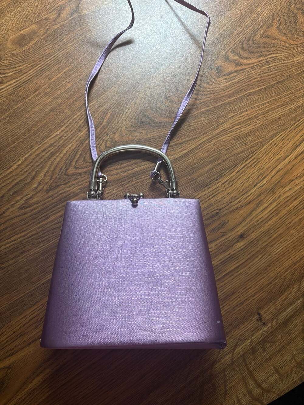 Lavender Satin Shimmer Frame Clutch with Silver Metal Top Handle and Crossbody S
